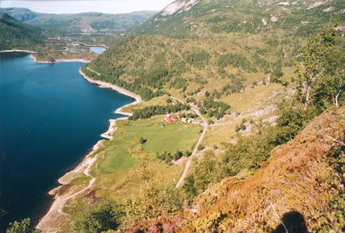 Bilete av Røyrvik-garden med Langenes i bakgrunnen.