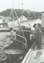 Ein lokal fiskar leverer krabbefangsten på Herland. Kvar fiskar har ein viss kvote krabbe han kan fange. I 1984 var kvoten på 1500 kg. På kaia står Olav og Edvin Landøy.