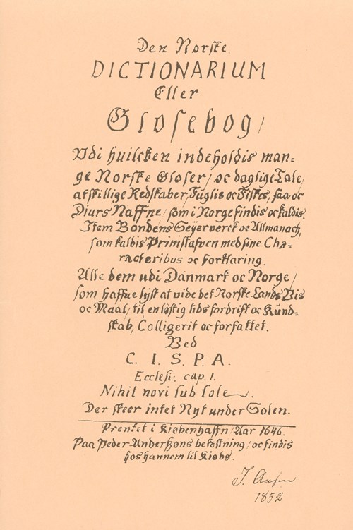 Bilete av tittelbladet på "Den Norske Dictionarium Eller Glosebog."