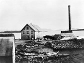 Restane etter den første hermetikkfabrikken som brann ned i 1920. Berre pipa står att. Midt på biletet er dampskipsekspedisjonen som har unngått flammane.
